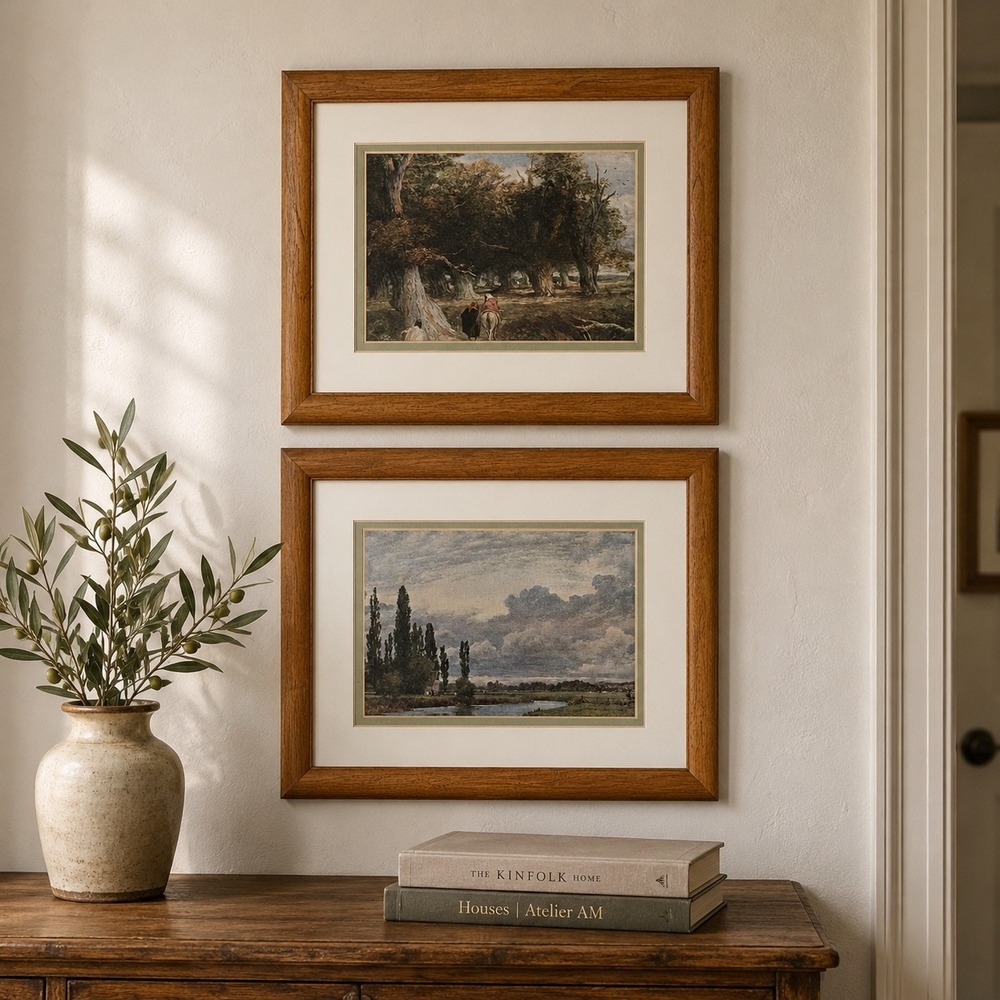 Pair Vintage Oak Framed Landscape Prints Cottage Wall Art Set Farmhouse Decor